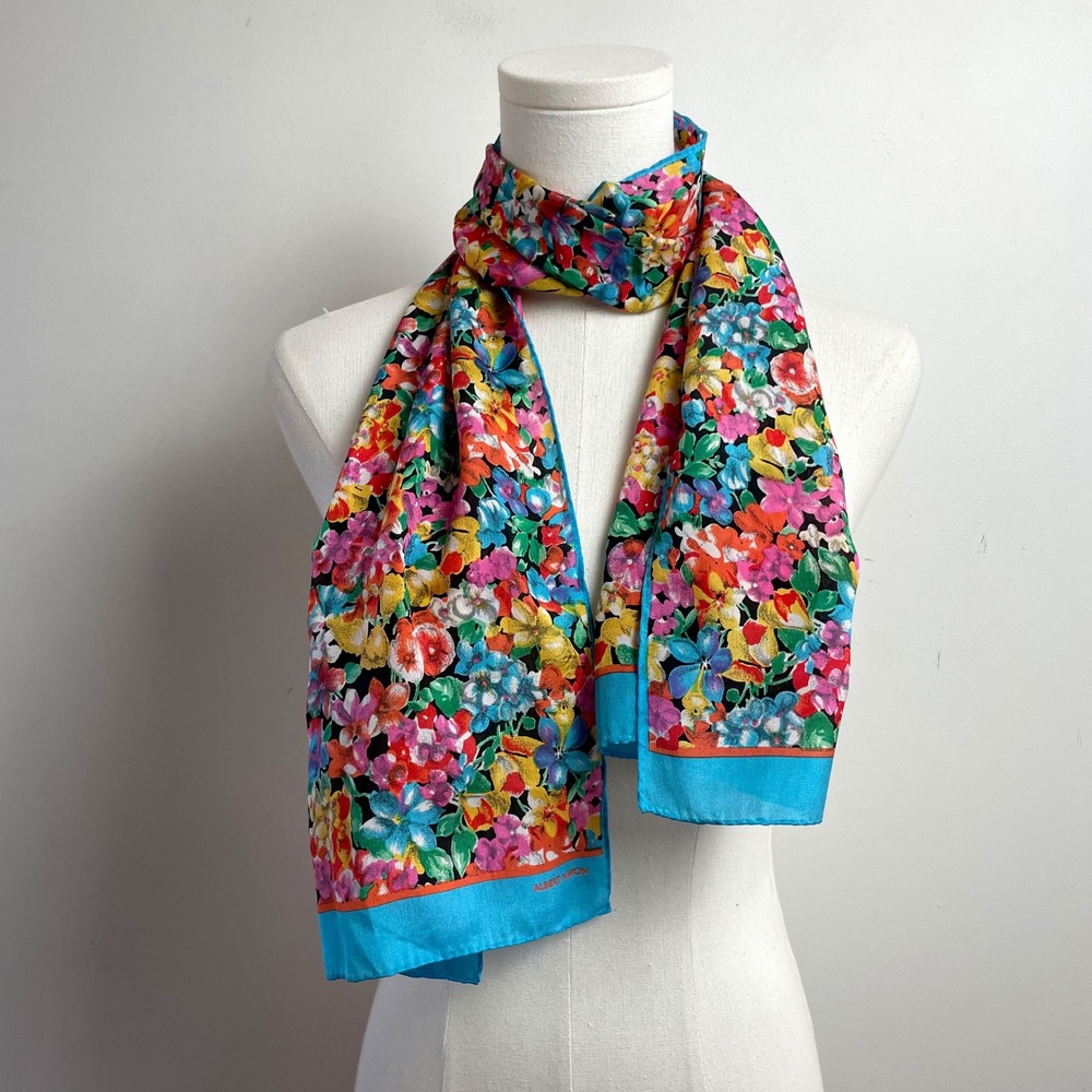 Albert Nipon Floral Silk Scarf Turquoise Blue Vintage Colorful Artsy Dopamine